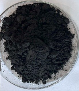 Wood-based activated carbon powder — authentic sample, full dish view